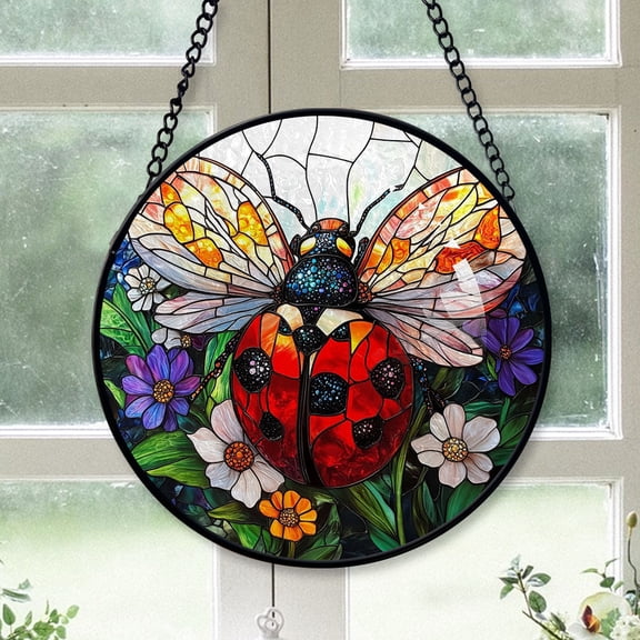 Holiday Gift - Botanical Ladybug Xmas Stained Glass Hanging Ornament - Festive Holiday Tree Decoration, Meaningful Christmas Gift for Mom, Dad, Family, Friends