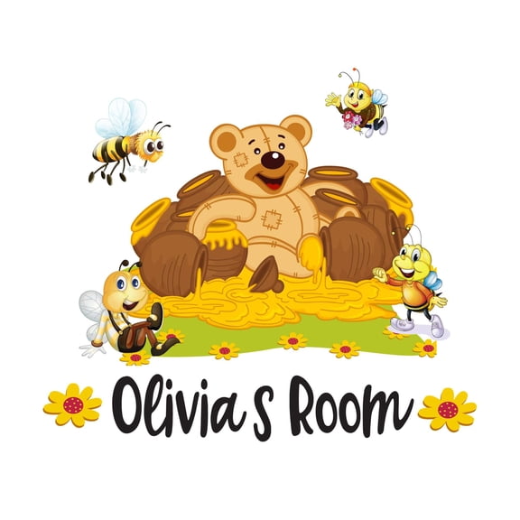 Holiday Gift Children Cute Cartoon Wall Decal Decoration Custom name Cute Honey Bee's Vinyl Wall Decal Lasts Years and Easily Removable - Size: 34 in x 31 in