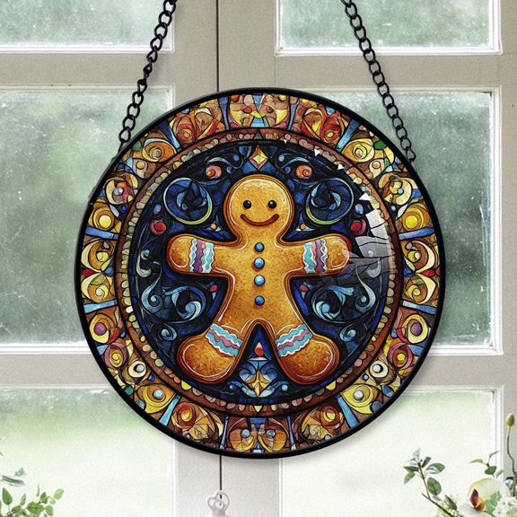 Holiday Gift - Christmas Snow Gingerbread Man Christmas Stained Glass Hanging Ornament - Snowflake-Inspired Holiday Tree Decoration, Gift for Family & Friends, 2025 Edition