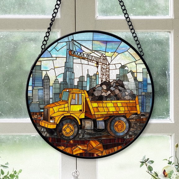 Holiday Gift - Construction Truck Stained Glass Hanging Ornament - Silver & Gold Christmas Tree Decor, Holiday Gift for Family & Friends, Collectible 2025