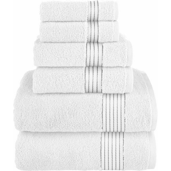 Holiday Gift Cotton 6-Piece Towel Set, Includes 2 Washcloths, 2 Hand Towels and 2 Bath Towels, 100% Turkish Cotton - Highly Absorbent and Super Soft Towels for Bathroom, White/Gray