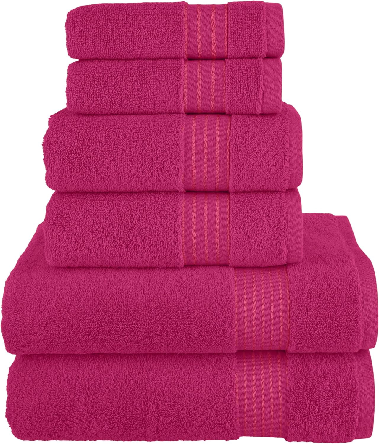 Holiday Gift Cotton 6-Piece Towel Set, Includes 2 Washcloths, 2 Hand Towels and 2 Bath Towels, 100% Turkish Cotton - Highly Absorbent and Super Soft Towels for Bathroom, Hot Pink