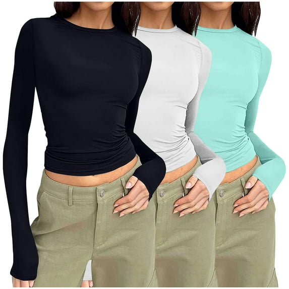 Holiday Gift Finder 3PC Women Long Sleeve Crewneck Slim Fits Shirts Basic Tee Tops Solid Color Pullover Tees Blouses 2025 Casual T-Shirt Going Out Workout OutFitss, XS-XL