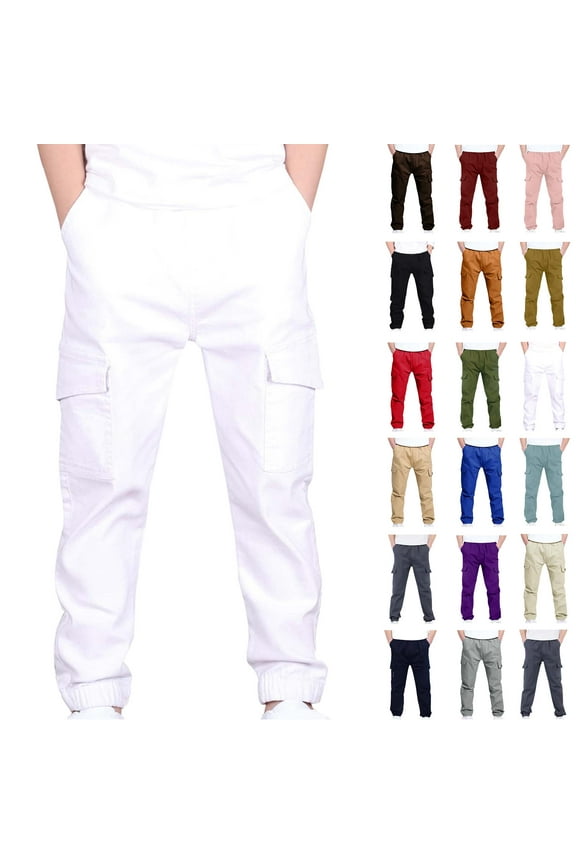 Holiday Gift Finder 4-13Years Boys And Girls Childrens Sports Cargo Pants Stretch Elastic Waist School Kids Twill Joggers White 5 Years