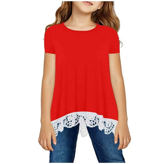 Holiday Gift Finder Girls Shirt Crewneck Layered Print Short Sleeve Cute Kids Blouse Lace Tee Top 8 Years, Red