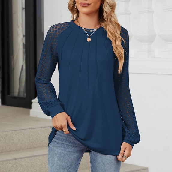 Holiday Gift Finder Long Sleeve Shirts Womens Pleated Business Crew-Neck Solid Color T-Shirt Women Casual Blouses with Smocked Cuffs, S-3XL