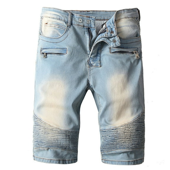 Holiday Gift Finder Ndbuld Men's Ripped Jean Shorts Casual Distressed Denim Shorts Men's Summer Short Elastic Short Zipper Open Five Point Short Half Shorts Jeans,Light Blue,L