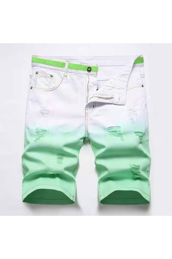 Holiday Gift Finder Ndbuld Men's Ripped Jean Shorts Casual Distressed Denim Shorts Men's Summer Short Inelastic Shorts Zipper Five Point Short Half Shorts Jeans,Green,L