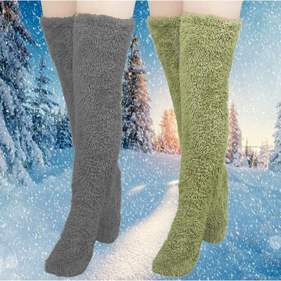 Holiday Gift Finder Ofreoo Women's 2 Pairs High Fuzzy Socks Over Knee Winter Leg Warmers Plush Slipper Socks For Women Christmas Home Sleeping Socks for Women