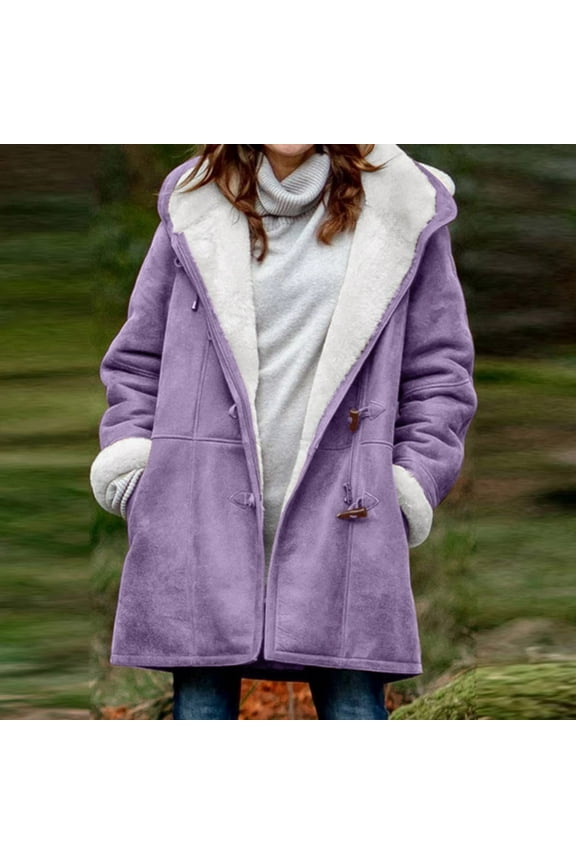 Holiday Gift Finder Women's Winter Jacket Coat Velvet Double Breasted Hooded Solid Color European And Mid Length Women's Solid Color Temperament Commuting Jacket Purple XXL