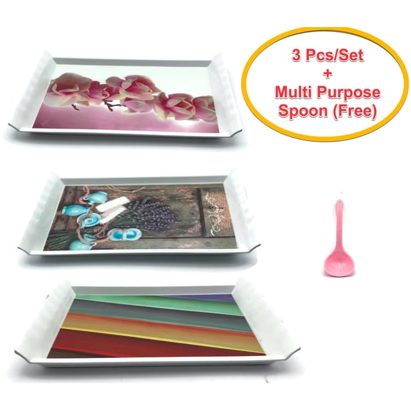 Holiday Gift Set Melamine Serving Tray for Ice cream bowls, Sushi, Cake Slice, Pumpkin Pies, Cream Puffs Plastic Trays with Modern Attractive Designs 10.75" x 7.5"x1" each 3pcs/set + Free Spoon