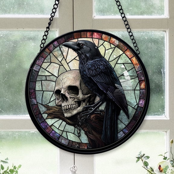 Holiday Gift - Skull Crows Stained Glass Hanging Ornament - Silver & Gold Christmas Tree Decor, Holiday Gift for Family & Friends, Collectible 2025