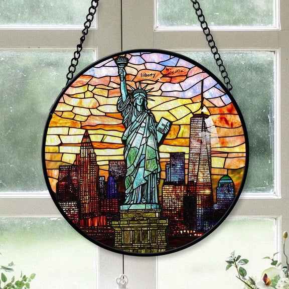 Holiday Gift - Statue of Liberty American Round Xmas Stained Glass Hanging Ornament - Classic Christmas Tree Decoration, Great Holiday Gift for Dad, Mom, Family & Friends