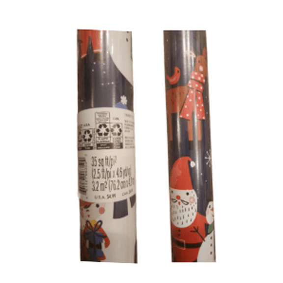 Holiday Gift Wrap, Santa and Winter Characters Design, 2-Pack Bundle, 35 sq ft Rolls
