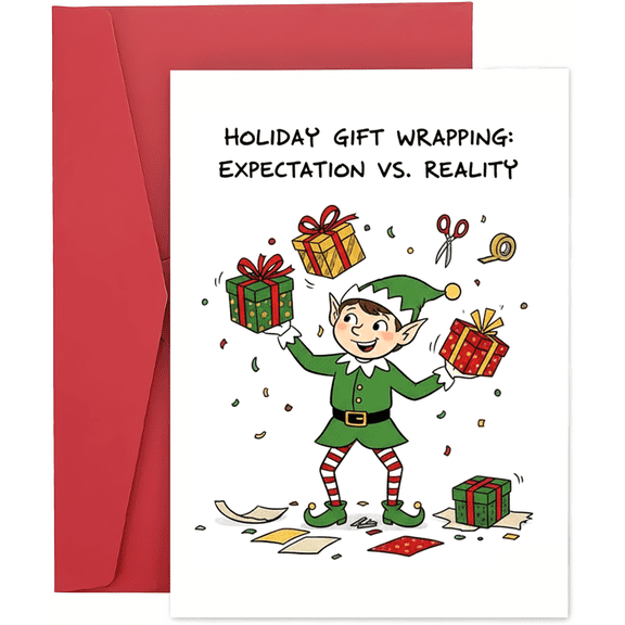 Holiday Gift Wrapping Card - Expectation vs. Reality - Fun Elf Design - Blank Inside, Envelope Included - Perfect for Christmas Greetings and Gifts