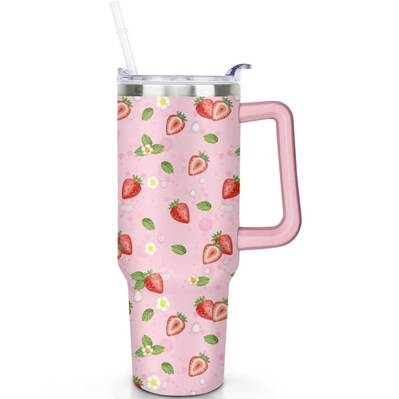 Holiday Gifts 40oz Strawberry Tumbler with Handle Flip Straw Lid Strawberry Tumblers Vacuum Insulated Leak Proof Stainless Steel