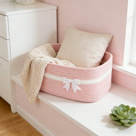 Holiday Gifts Storage Baskets - Round Woven Storage Basket for Organizing, Small Decorative Toy Basket, Cute Storage Bin Box for Toys, Gifts - Pink