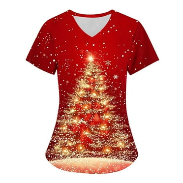 Holiday Gifts! Titcea Christmas Scrub Tops Women Cute Xmas Printed Nursing Uniform Shirts Pattern V-Neck T-Shirts Scrubs Top with Pockets