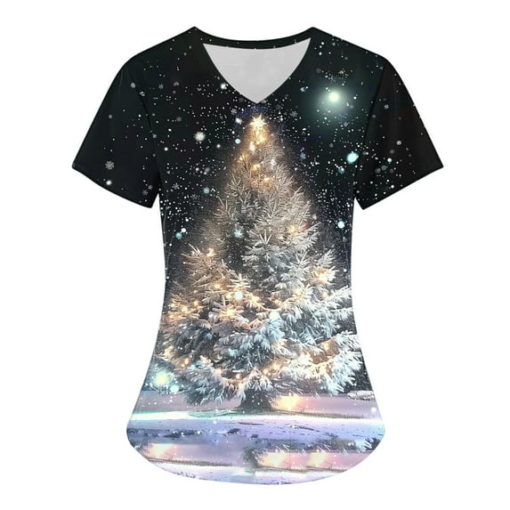 Holiday Gifts! Titcea Christmas Scrub Tops Women Cute Xmas Printed Nursing Uniform Shirts Pattern V-Neck T-Shirts Scrubs Top with Pockets