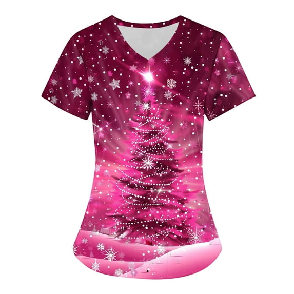 Holiday Gifts! Titcea Christmas Scrub Tops Women Cute Xmas Printed Nursing Uniform Shirts Pattern V-Neck T-Shirts Scrubs Top with Pockets