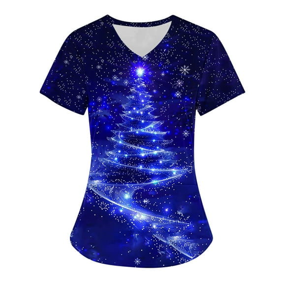 Holiday Gifts! Titcea Christmas Scrub Tops Women Cute Xmas Printed Short Sleeved V Neck Scrub Tops with Pockets Lightweight Stretchy Working Uniform