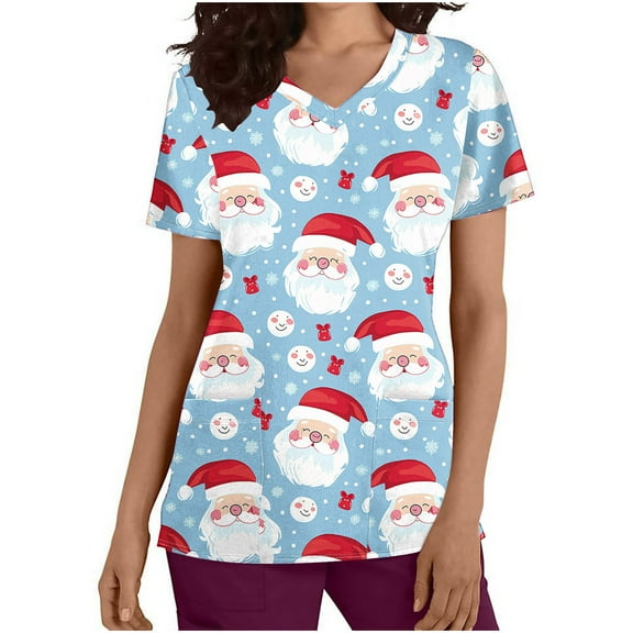 Holiday Gifts! Titcea Christmas Scrub Tops Women Cute Xmas Printed Short Sleeved V Neck Scrub Tops with Pockets Lightweight Stretchy Working Uniform