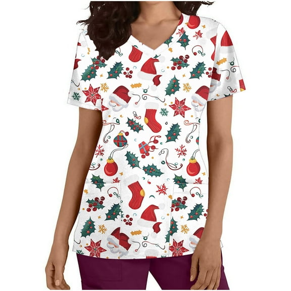 Holiday Gifts! Titcea Christmas Scrub Tops Women Cute Xmas Printed Short Sleeved V Neck Scrub Tops with Pockets Lightweight Stretchy Working Uniform