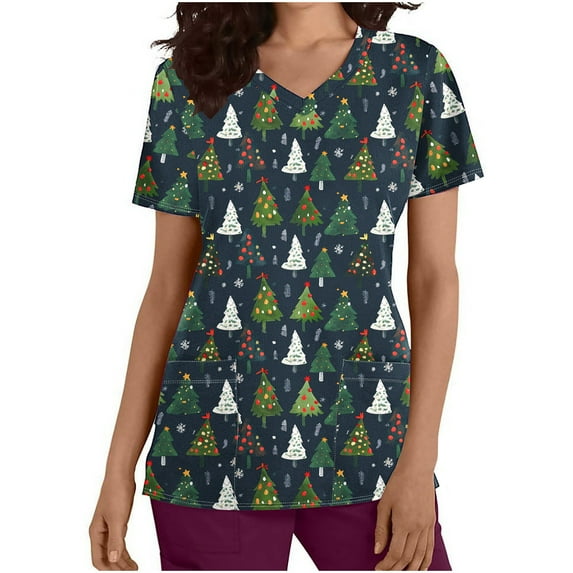 Holiday Gifts! Titcea Christmas Scrub Tops Women Cute Xmas Printed Short Sleeved V Neck Scrub Tops with Pockets Lightweight Stretchy Working Uniform