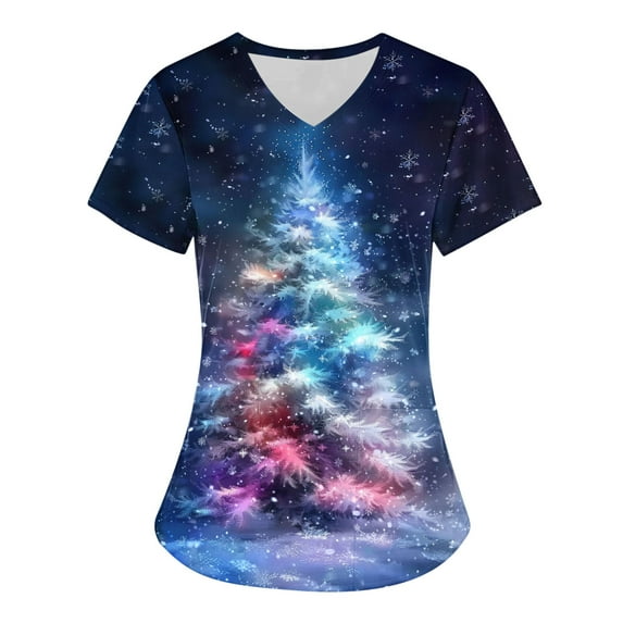 Holiday Gifts! Titcea Christmas Scrub Tops Women Cute Xmas Printed Short Sleeved V Neck Scrub Tops with Pockets Lightweight Stretchy Working Uniform