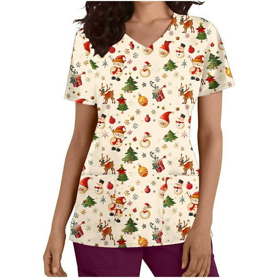 Holiday Gifts! Titcea Christmas Scrub Tops Women Cute Xmas Printed Short Sleeved V Neck Scrub Tops with Pockets Lightweight Stretchy Working Uniform