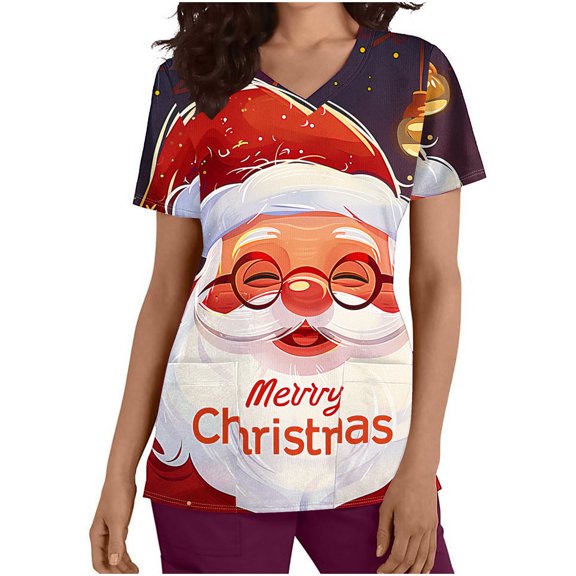 Holiday Gifts! Titcea Christmas Scrub Tops Women Cute Xmas Printed Short Sleeved V Neck Scrub Tops with Pockets Lightweight Stretchy Working Uniform