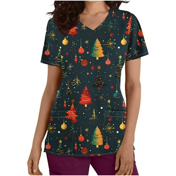 Holiday Gifts! Titcea Christmas Scrub Tops Women Cute Xmas Printed Short Sleeved V Neck Scrub Tops with Pockets Lightweight Stretchy Working Uniform