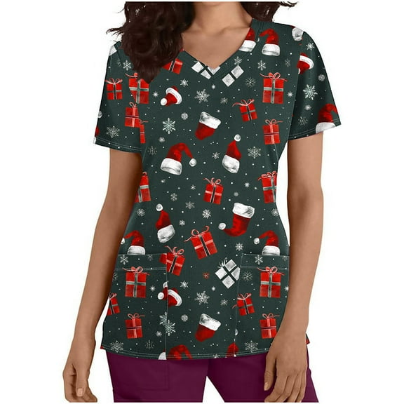 Holiday Gifts! Titcea Christmas Scrub Tops Women Cute Xmas Printed Short Sleeved V Neck Scrub Tops with Pockets Lightweight Stretchy Working Uniform