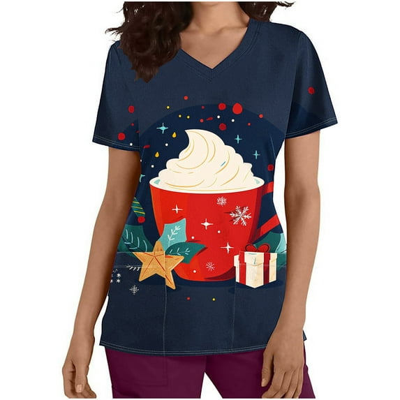 Holiday Gifts! Titcea Christmas Scrub Tops Women Cute Xmas Printed Short Sleeved V Neck Scrub Tops with Pockets Lightweight Stretchy Working Uniform