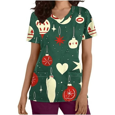 Holiday Gifts! Titcea Christmas Scrub Tops Women Cute Xmas Printed Short Sleeved V Neck Scrub Tops with Pockets Lightweight Stretchy Working Uniform
