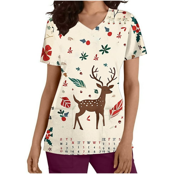 Holiday Gifts! Titcea Christmas Scrub Tops Women Cute Xmas Printed Short Sleeved V Neck Scrub Tops with Pockets Lightweight Stretchy Working Uniform