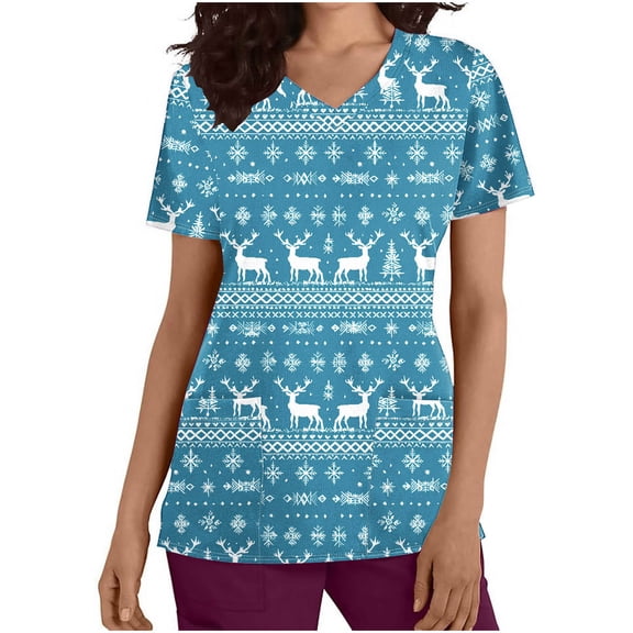 Holiday Gifts! Titcea Christmas Scrub Tops Women Cute Xmas Printed Short Sleeved V Neck Scrub Tops with Pockets Lightweight Stretchy Working Uniform