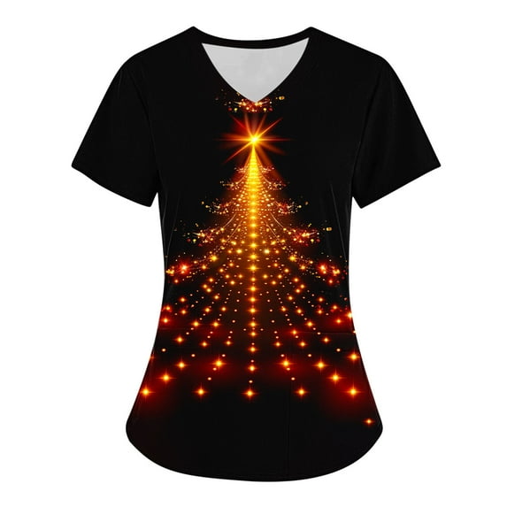 Holiday Gifts! Titcea Christmas Scrub Tops Women Cute Xmas Tree Printed Nursing Uniform Shirts Pattern V-Neck T-Shirts Scrubs Top with Pockets