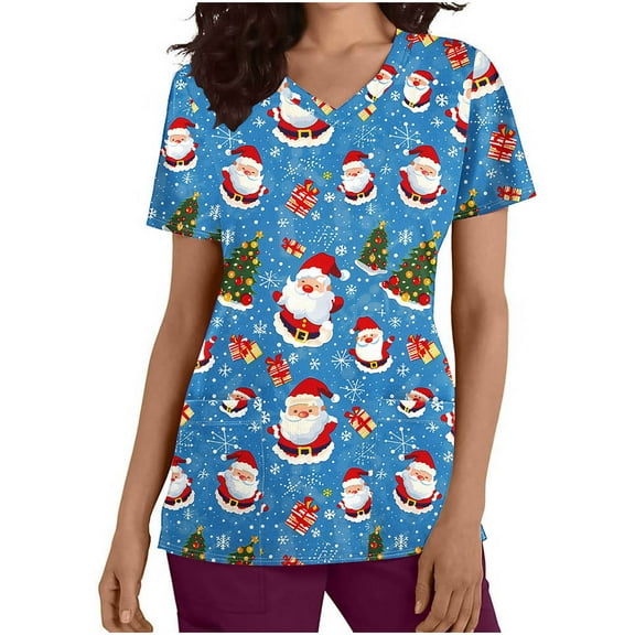 Holiday Gifts! Titcea Christmas Scrub Tops Women Xmas Printed Short Sleeved V Neck Scrub Tops with Pockets Lightweight Stretchy Cute Working Uniform