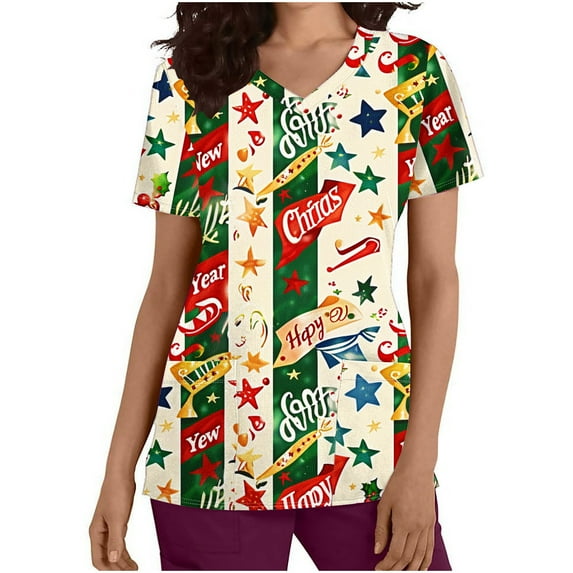 Holiday Gifts! Titcea Christmas Scrub Tops Women Xmas Printed Short Sleeved V Neck Scrub Tops with Pockets Lightweight Stretchy Cute Working Uniform