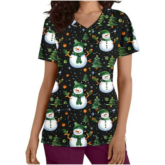 Holiday Gifts! Titcea Christmas Scrub Tops Women Xmas Printed Short Sleeved V Neck Scrub Tops with Pockets Lightweight Stretchy Cute Working Uniform
