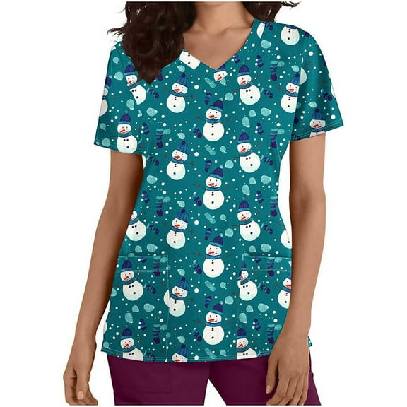 Holiday Gifts! Titcea Christmas Scrub Tops Women Xmas Printed Short Sleeved V Neck Scrub Tops with Pockets Lightweight Stretchy Cute Working Uniform