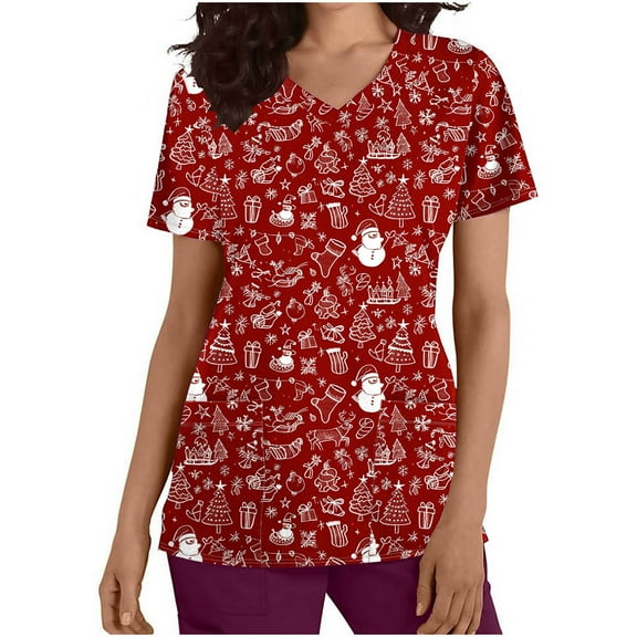 Holiday Gifts! Titcea Christmas Scrub Tops Women Xmas Printed Short Sleeved V Neck Scrub Tops with Pockets Lightweight Stretchy Cute Working Uniform