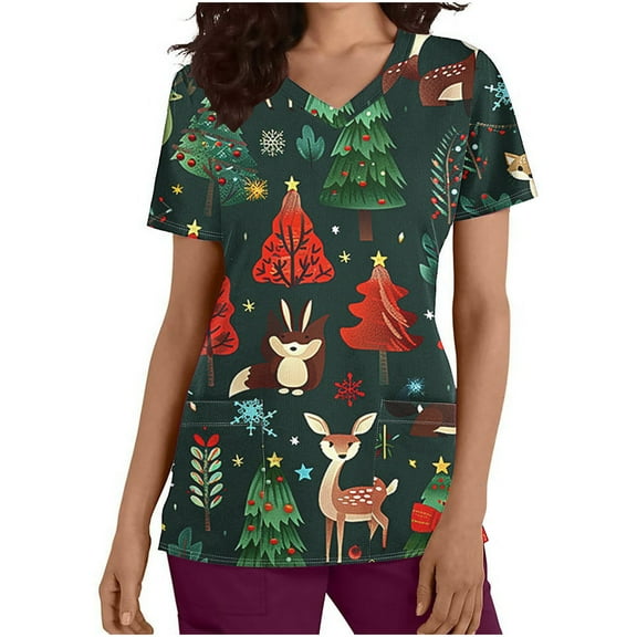 Holiday Gifts! Titcea Christmas Scrub Tops Women Xmas Printed Short Sleeved V Neck Scrub Tops with Pockets Lightweight Stretchy Cute Working Uniform