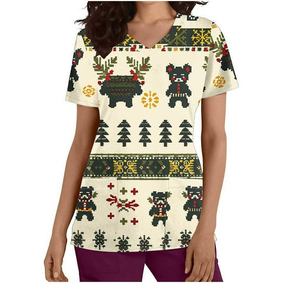 Holiday Gifts! Titcea Christmas Scrub Tops Women Xmas Printed Short Sleeved V Neck Scrub Tops with Pockets Lightweight Stretchy Working Uniform