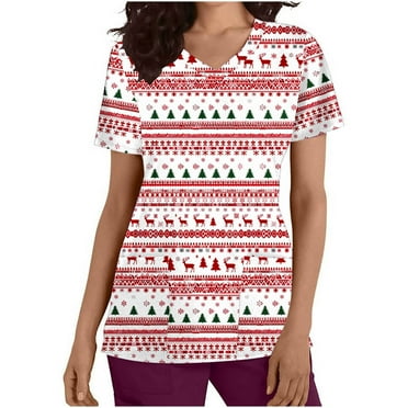 Holiday Gifts! Titcea Christmas Scrub Tops Women Xmas Printed Short Sleeved V Neck Scrub Tops with Pockets Lightweight Stretchy Working Uniform