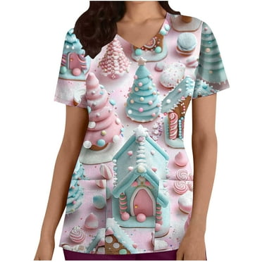 Holiday Gifts! Titcea Christmas Scrub Tops Women Xmas Tree Printed Short Sleeved V Neck Scrub Tops with Pockets Lightweight Stretchy Working Uniform