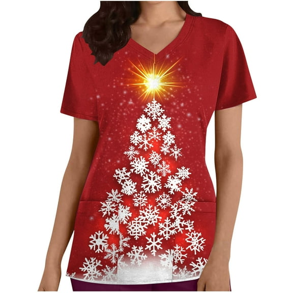 Holiday Gifts! Titcea Christmas Scrub Tops Women Xmas Tree Printed Short Sleeved V Neck Scrub Tops with Pockets Lightweight Stretchy Working Uniform
