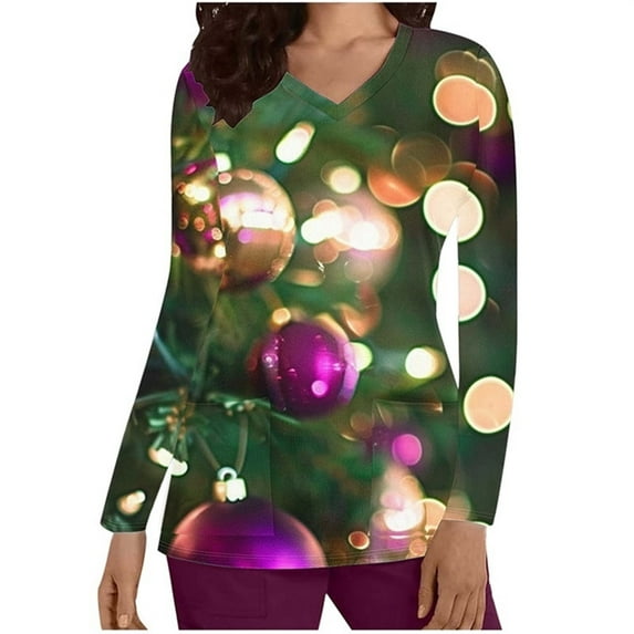 Holiday Gifts! Titcea Christmas Scrub Tops Women Xmas Tree Printed Short Sleeved V Neck Scrub Tops with Pockets Lightweight Stretchy Working Uniform