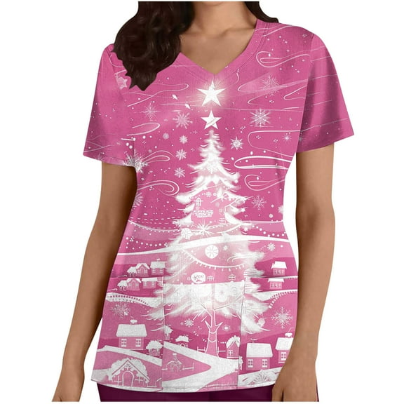 Holiday Gifts! Titcea Christmas Scrub Tops Women Xmas Tree Printed Short Sleeved V Neck Scrub Tops with Pockets Lightweight Stretchy Working Uniform